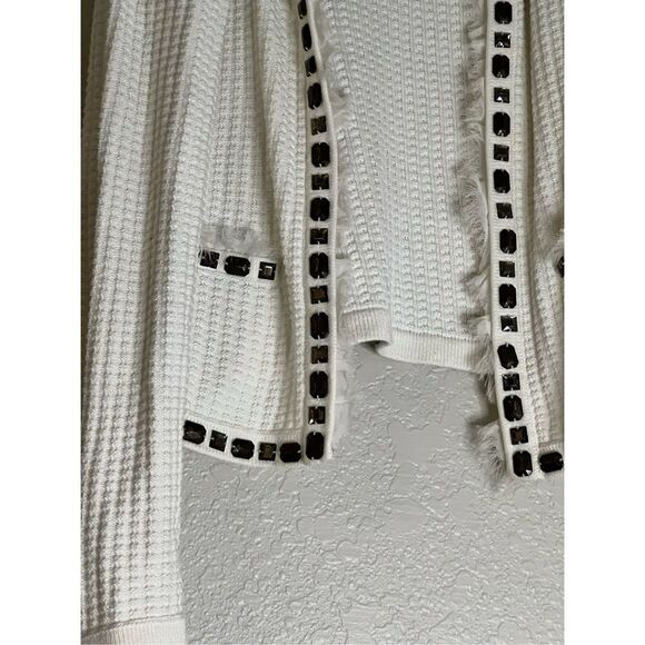 Cabi Cardigan Sweater Womens M Ivory Gabrielle #284 Beaded Ruffles Waffle Knit - Picture 2 of 7